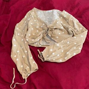 Tan and white polkadot cropped blouse